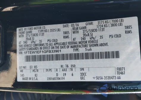 2016 Ford F-150 King Ranch z USA, uszkodzony, nr VIN 1FTEW1EF1GFB33901